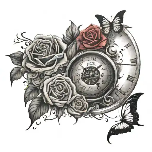 Roses And Butterflies And Moon And Japanese Letters And Clock