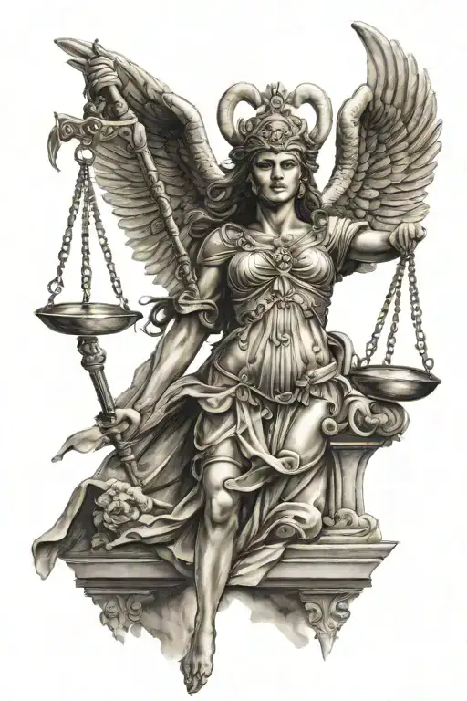 Lady Justice As A Warrior With Ram Horns On Her Head