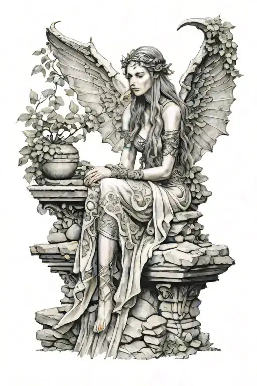 Hyper Realistic Elven Goddess Sitting On Stone Wall