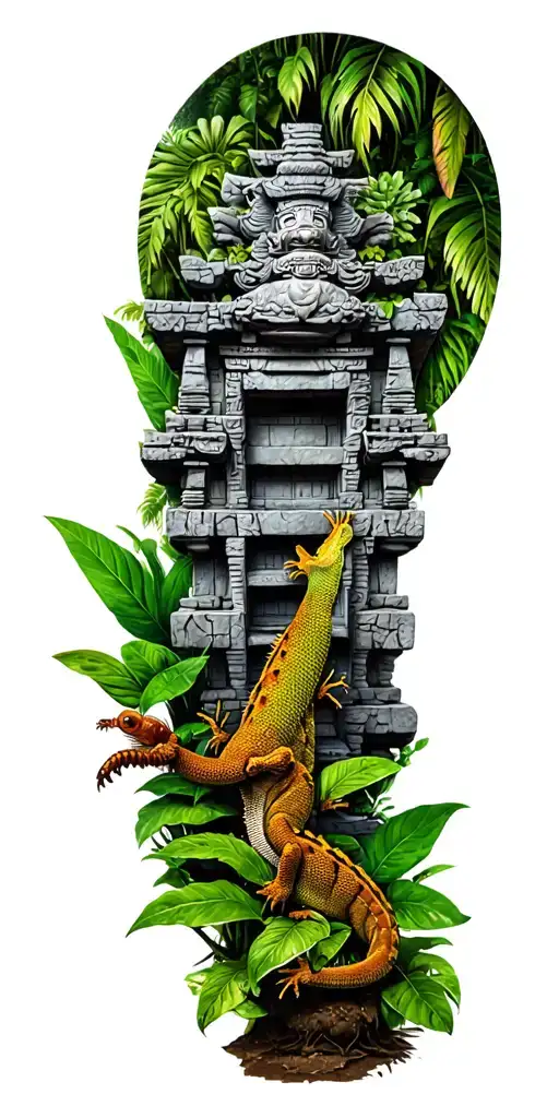 Ancient Jungle Temple Old Gods Stone Faces Plants Small Insects And Geckos As Details