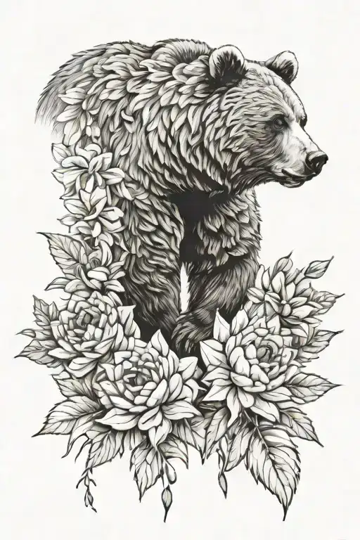 Grizzly Bear With Dahlia Flowers