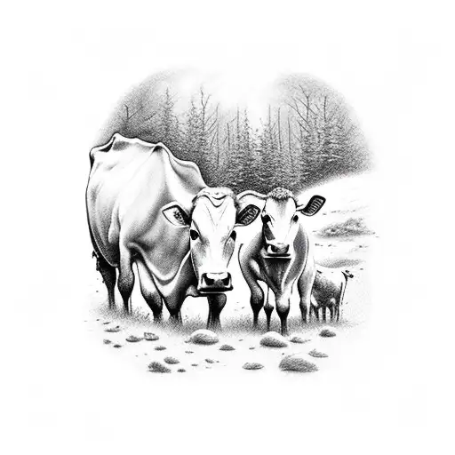 A Cow And Its Two Adorable Calves Exploring A Lush Forest