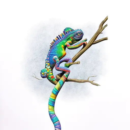 Rainbow Chameleon Walking On Branch With The Word Hope In The Branch