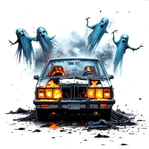 A Burned Down Car With Warnlights And Ghosts In It