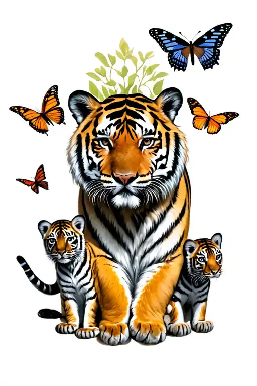 Father Tiger With 2 Cubs And 2 Butterflys Souronding