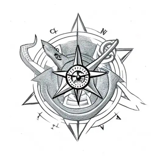 Shark With Anchor And A Compass And Clock And Skull With Crown