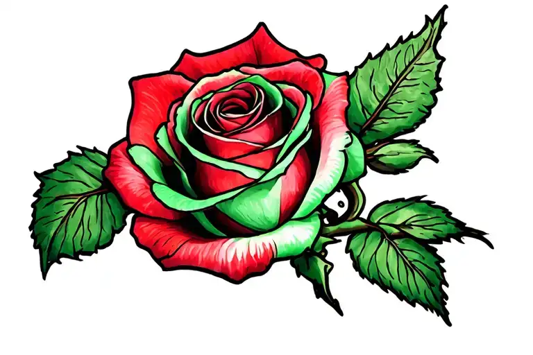 Red And Green Rose With Black Outline