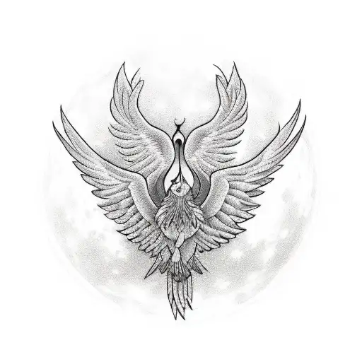 Symetrical Geometric Phoenix Flying Towards Full Moon