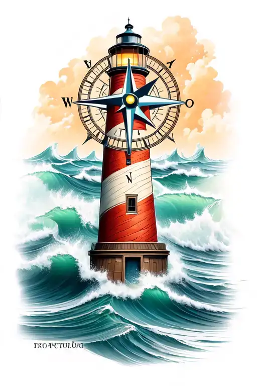 Compass And Lighthouse Standing Tall Amidst Crashing Waves
