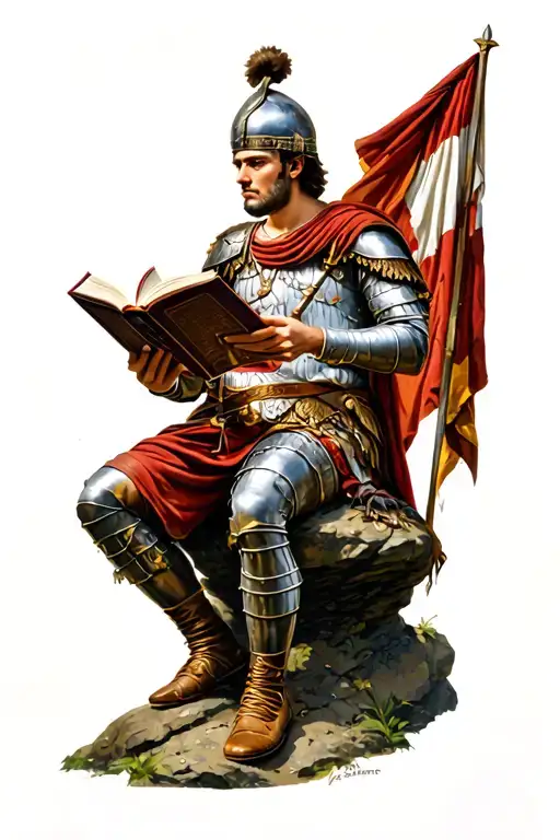 Roman Soldier Sitting On A Rock And Reading A Book