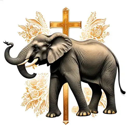 Realistic Elephant With Catholic Cross As The Background