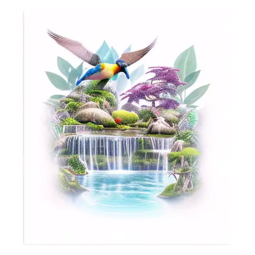 A Realistic Depiction Of A Serene Waterfall Surrounded By Lush Foliage And Exotic Birds