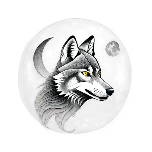 A Blackwork Tattoo Of A Wolf Playing A Taiko Drum With A Full Moon In The Background