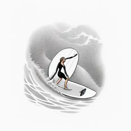 Female Surfer Catching A Wave At Sunrise