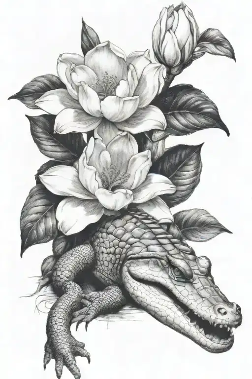 Magnolias And Alligator Black And White