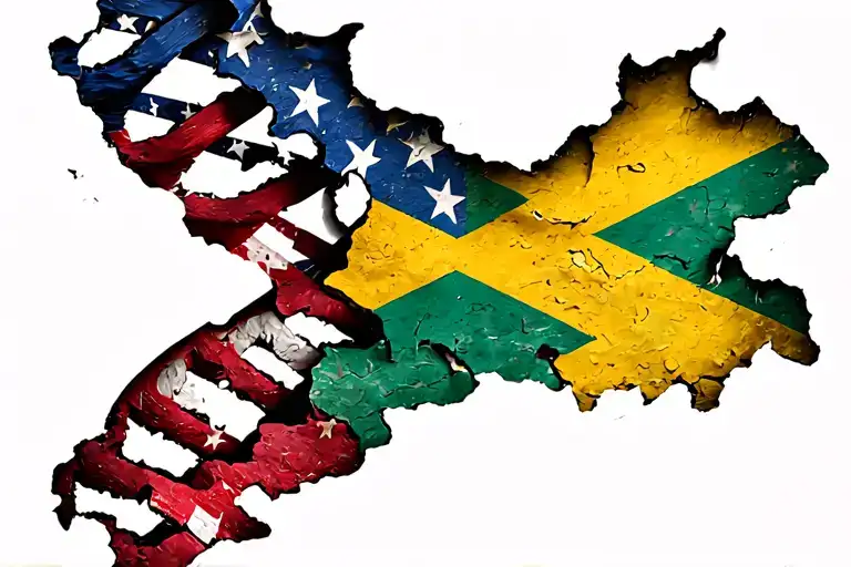Jamaican Flag Intertwined With American Flag Dna Double Helix Ripped Skin Look