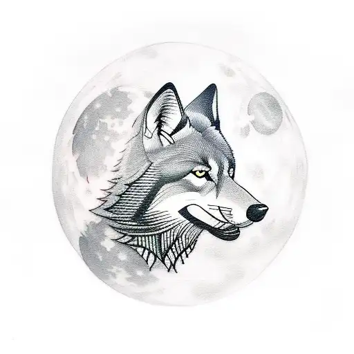 A Blackwork Tattoo Of A Wolf Playing A Taiko Drum With A Full Moon In The Background