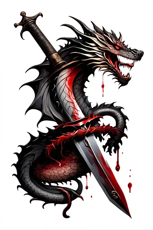 Dragon Wrapped Around Dagger Intertwined With Blood