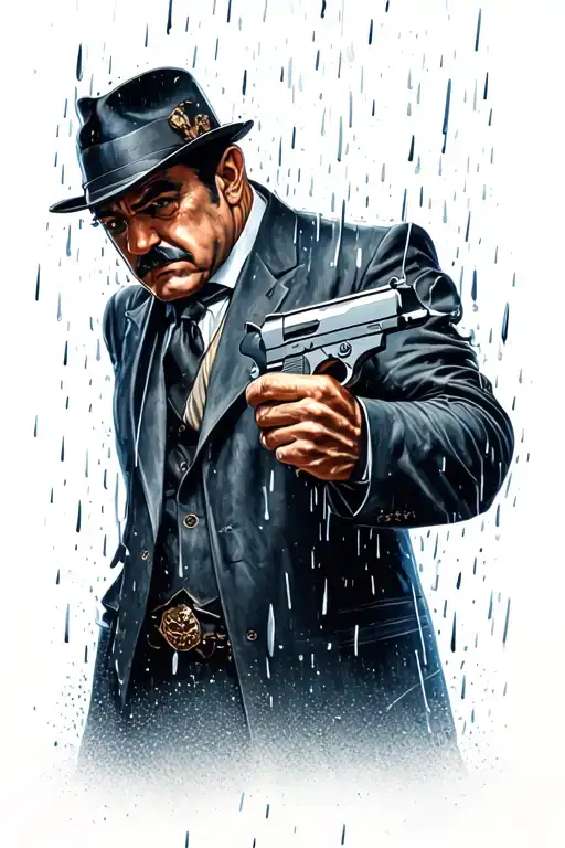 Mob Boss Holding A Gun Surrounded By Rain Falling
