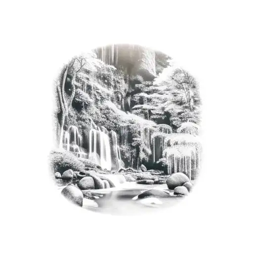 A Realistic Depiction Of A Serene Waterfall Surrounded By Lush Foliage And Exotic Birds