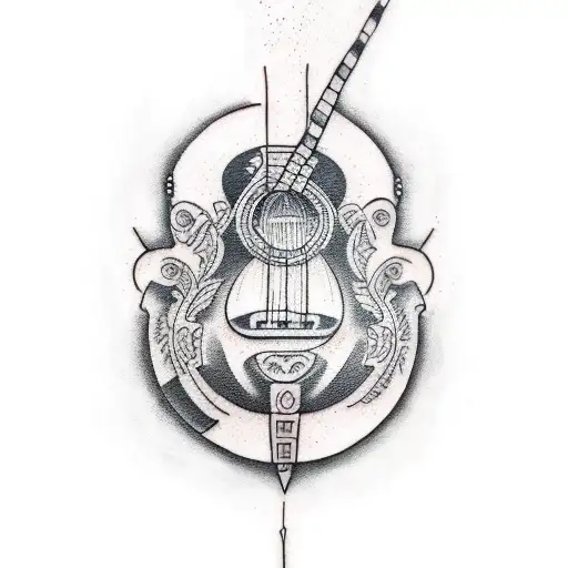 A Traditional Tattoo Featuring A Guitar And A Skateboard
