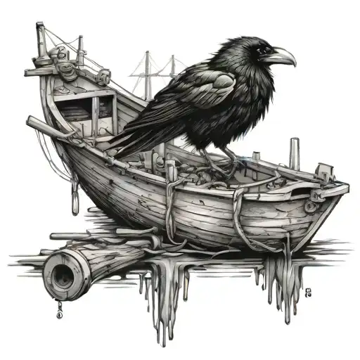 Crow On Boat Wreck At Lake
