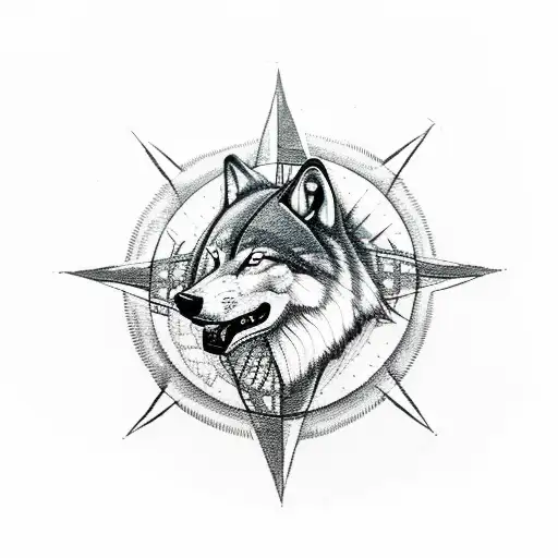 A Black And White Sketch Of A Wolf Howling At The Moon With A Compass Rose And Travel Coordinates