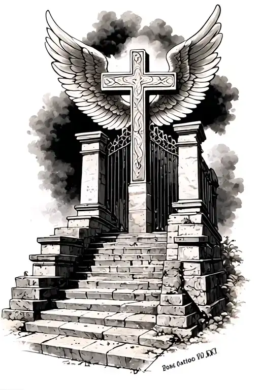 Cross With Wings On Top Of Heaven Gates With Stairs