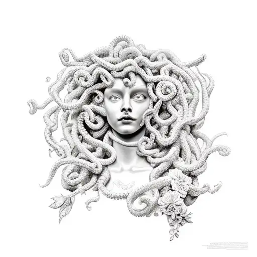 Medusa As A Statue With Flowers Around Her