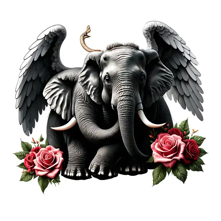 Elephant With Angel Wings And Roses Intertwined