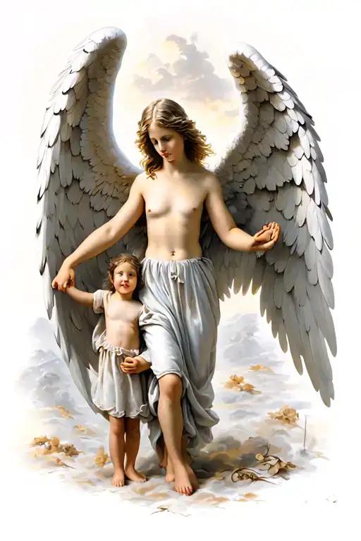 Angel With Massive Wings With Children Holding Hands