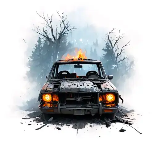 A Burned Down Car With Warnlights And Ghosts In It