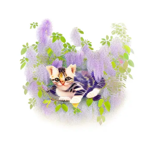 Tortoise Shell Kitten Laying Asleep Under A Vibrant Wisteria Vine In Bloom