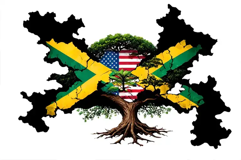 Tree Of Life Jamaican Flag And American Flag Intertwined Torn Skin