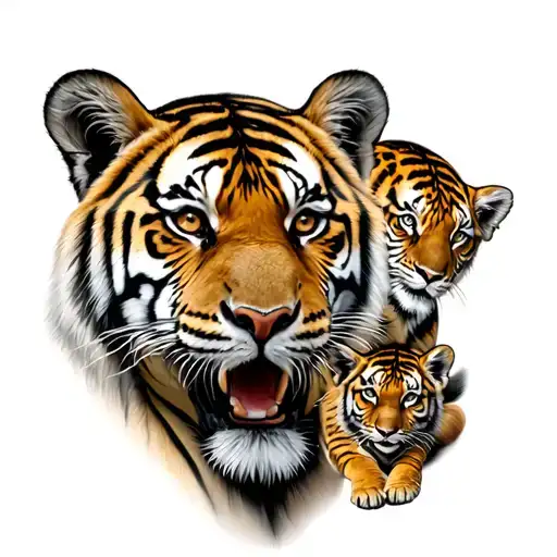 Tiger With Two Cubs Playing