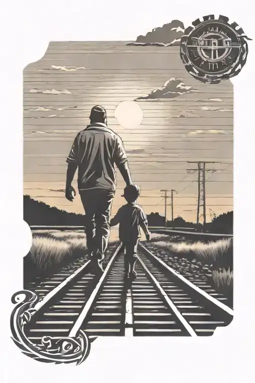 Silhouette Of Father And Son Holding Hands On Railroad Tracks Walking To Sunset