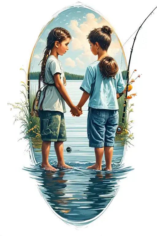 Forever Fishing Scene Female 2 Small Boys Holding Hands