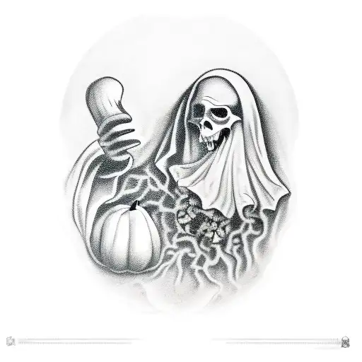 Ghost With A Tomb Stone In One Hand And A Pumpkin Next To Him