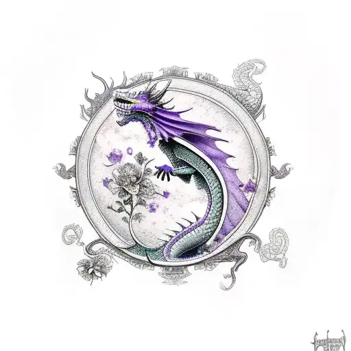Dragon With Violet And Primrose Flowers And Waning Cresent Moon