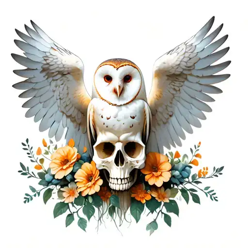 White Barn Owl Perched With Wings Spread On A Skull With Flowers Growing Out Of It