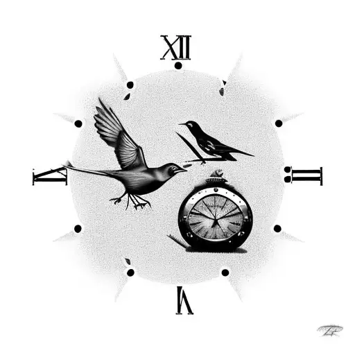 Two Blackbirds And A Clock Behind Them