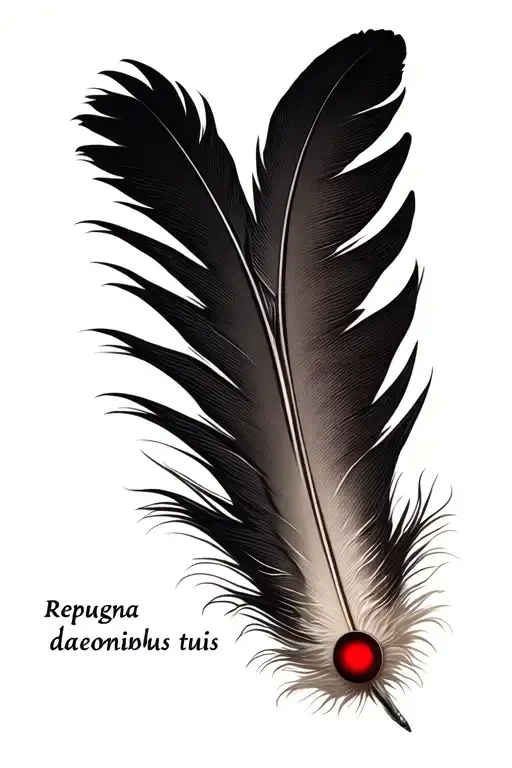 Coup Feather With 1 Red Dot With The Words Repugna Daemonibus Tuis Below It