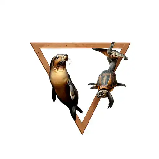 Galapagos Sea Lion And A Galapagos Tortoise Within An Upside Down Triangle Frame