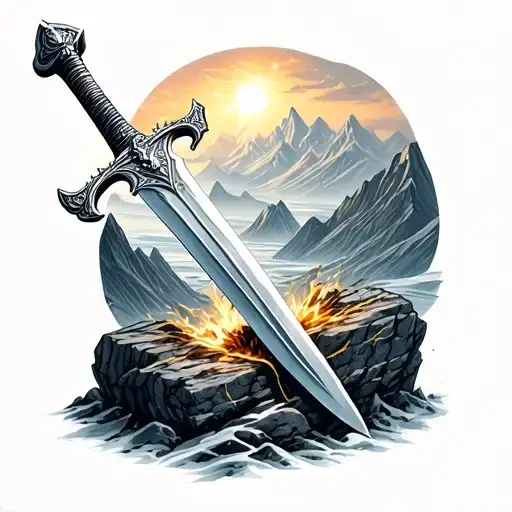 Viking Sword Being Pulled Out Of The Stone Surrounded By Mountain Ranges Realism