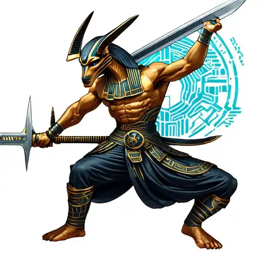 A Futuristic Cyberpunk Interpretation Of Anubis Wielding Martial Arts Weapons