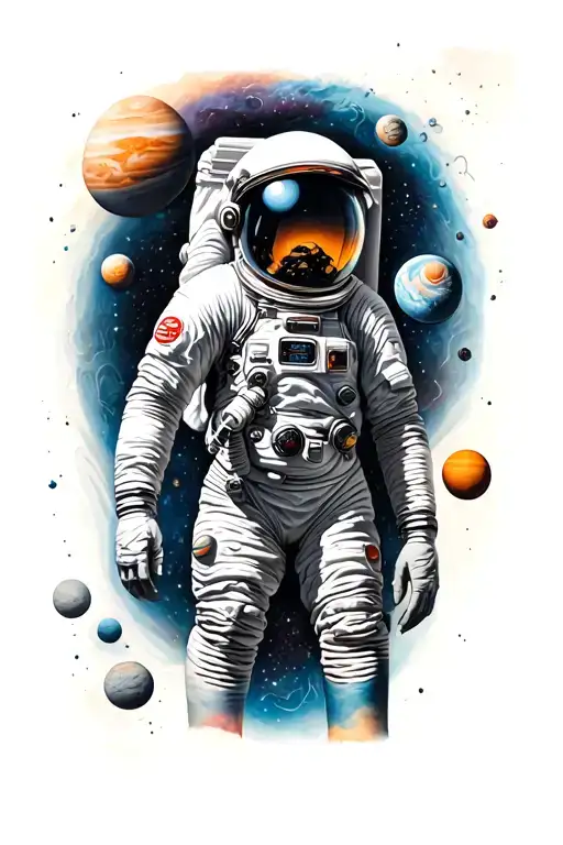 Full Sleeve Tattoo With Astronaut And Solar System With Planets