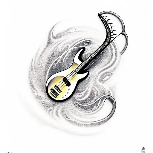A Bass Guitar Surrounded By Swirling Waves And A Fishing Hook