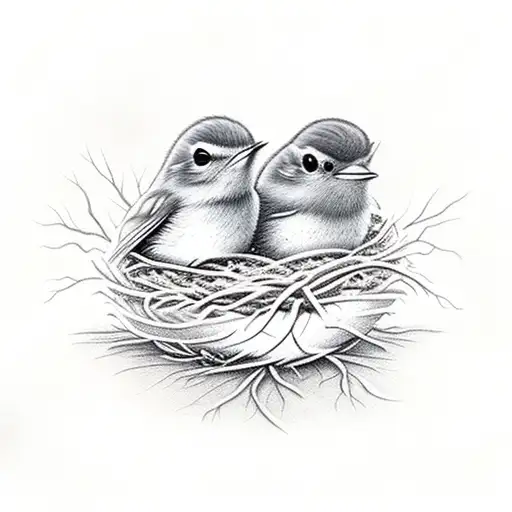 Baby Robins In A Nest With A Larger Robin Next To Them In A Tree