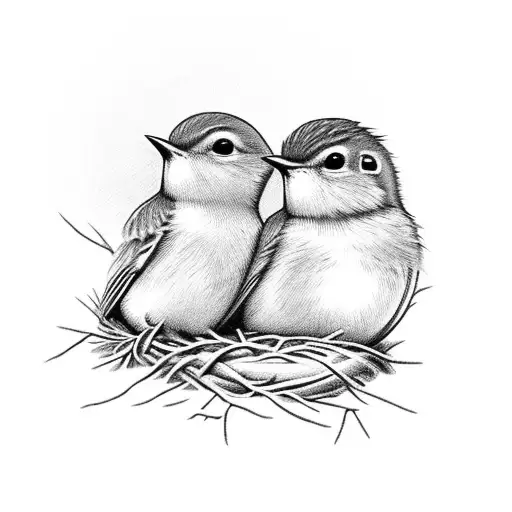 Baby Robins In A Nest With A Larger Robin Next To Them In A Tree