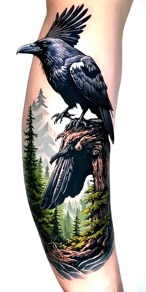 Forest Scene With A Giant Raven On Top